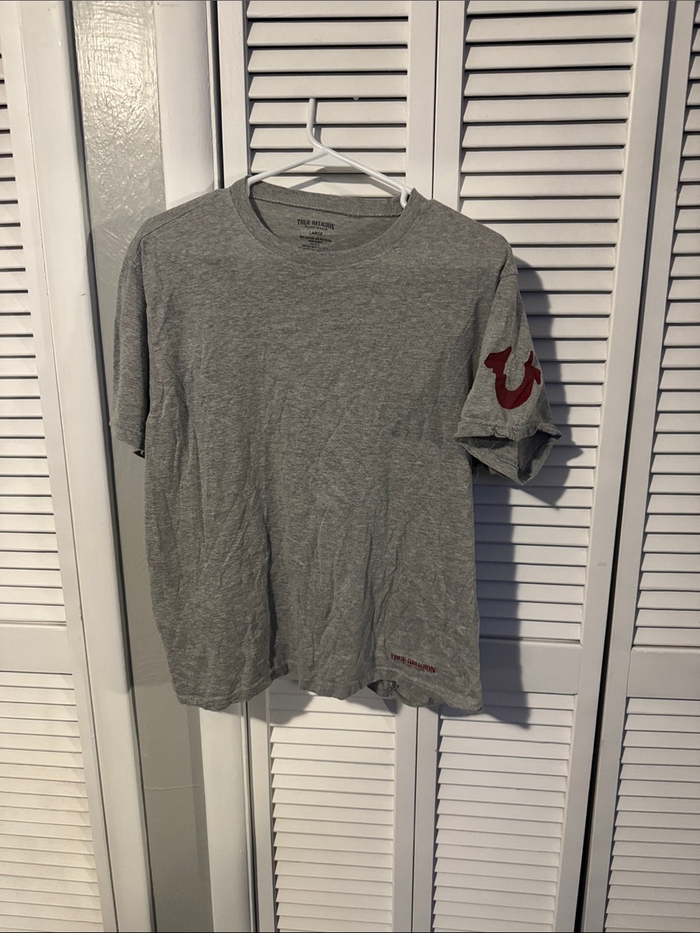 True Religion Gray Short Sleeve Tee with Red Sleeve Logo